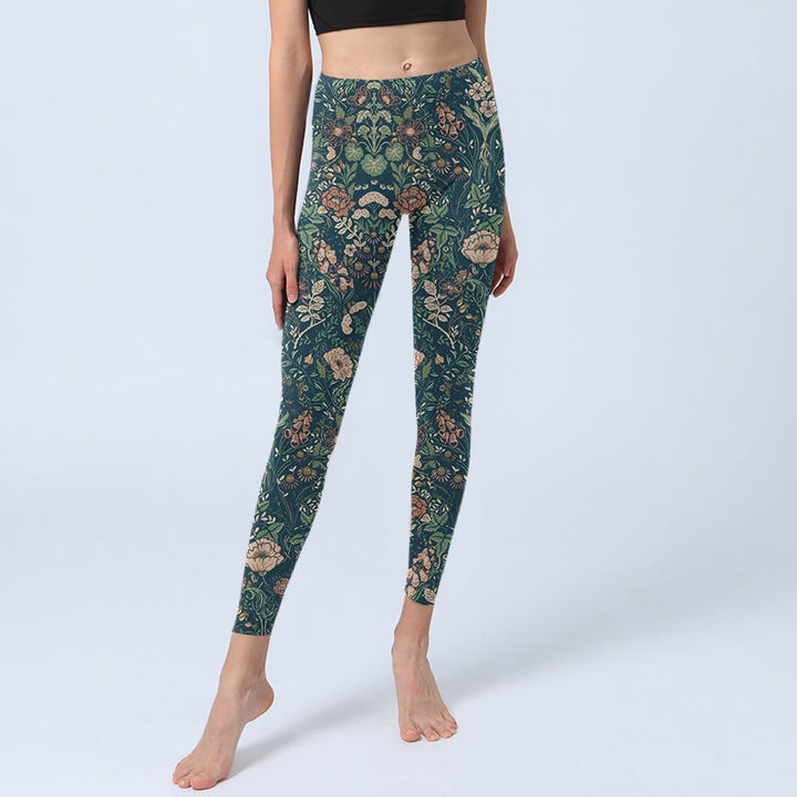 Leggings da palestra con stampa a motivo di Buddha Stones Green Stitching Flowers Vines da donna, pantaloni da yoga