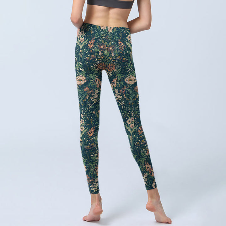 Leggings da palestra con stampa a motivo di Buddha Stones Green Stitching Flowers Vines da donna, pantaloni da yoga