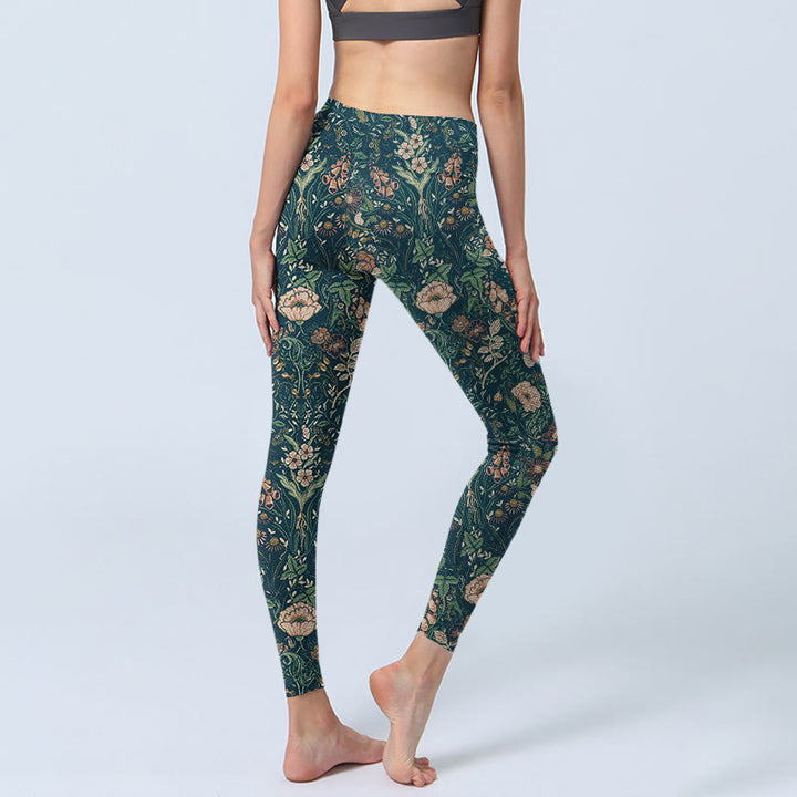 Leggings da palestra con stampa a motivo di Buddha Stones Green Stitching Flowers Vines da donna, pantaloni da yoga