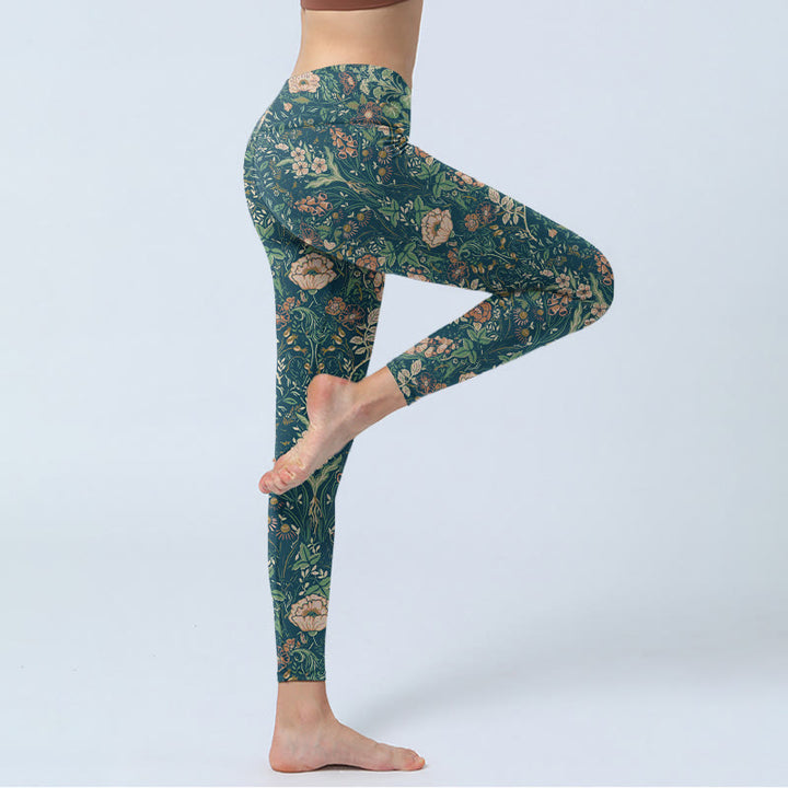 Leggings da palestra con stampa a motivo di Buddha Stones Green Stitching Flowers Vines da donna, pantaloni da yoga