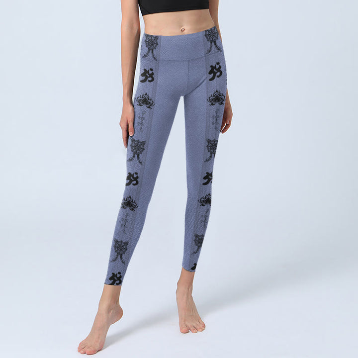 Leggings da palestra con stampa a motivo Buddha Stones, cuciture blu, parola sanscrita Om Lotus, pantaloni da yoga da donna