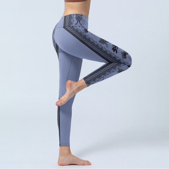 Leggings da palestra con stampa a motivo Buddha Stones, cuciture blu, parola sanscrita Om Lotus, pantaloni da yoga da donna