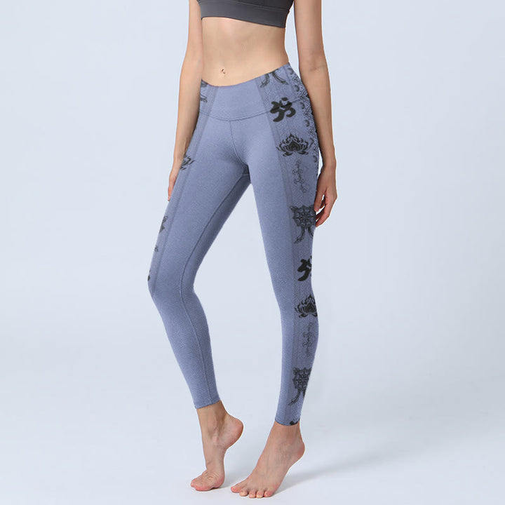 Leggings da palestra con stampa a motivo Buddha Stones, cuciture blu, parola sanscrita Om Lotus, pantaloni da yoga da donna