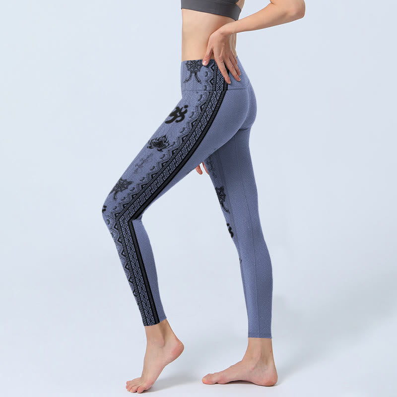 Leggings da palestra con stampa a motivo Buddha Stones, cuciture blu, parola sanscrita Om Lotus, pantaloni da yoga da donna