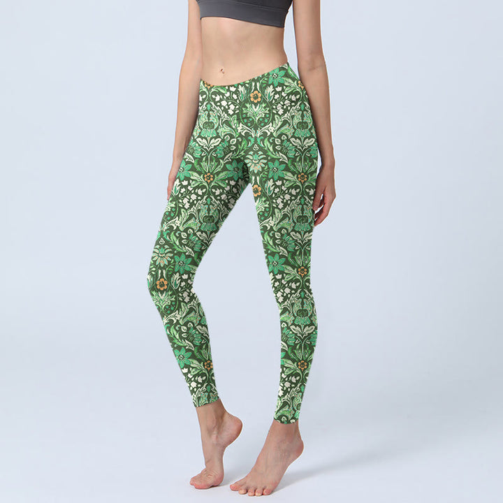 Leggings da palestra con stampa a motivo di foglie e fiori simmetrici , Buddha Stones verdi, pantaloni da yoga da donna