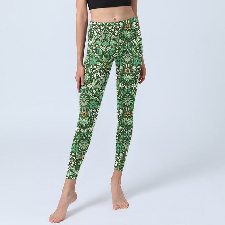 Leggings da palestra con stampa a motivo di foglie e fiori simmetrici , Buddha Stones verdi, pantaloni da yoga da donna
