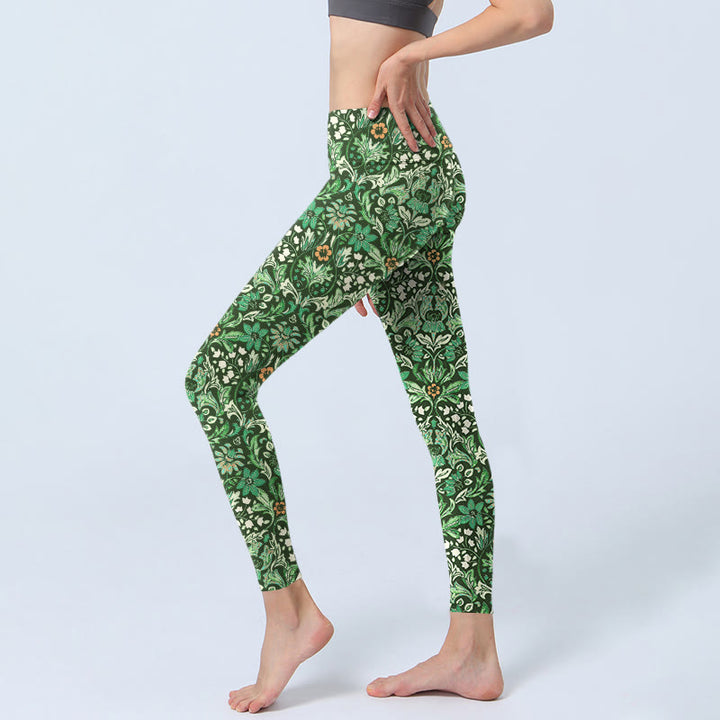 Leggings da palestra con stampa a motivo di foglie e fiori simmetrici , Buddha Stones verdi, pantaloni da yoga da donna