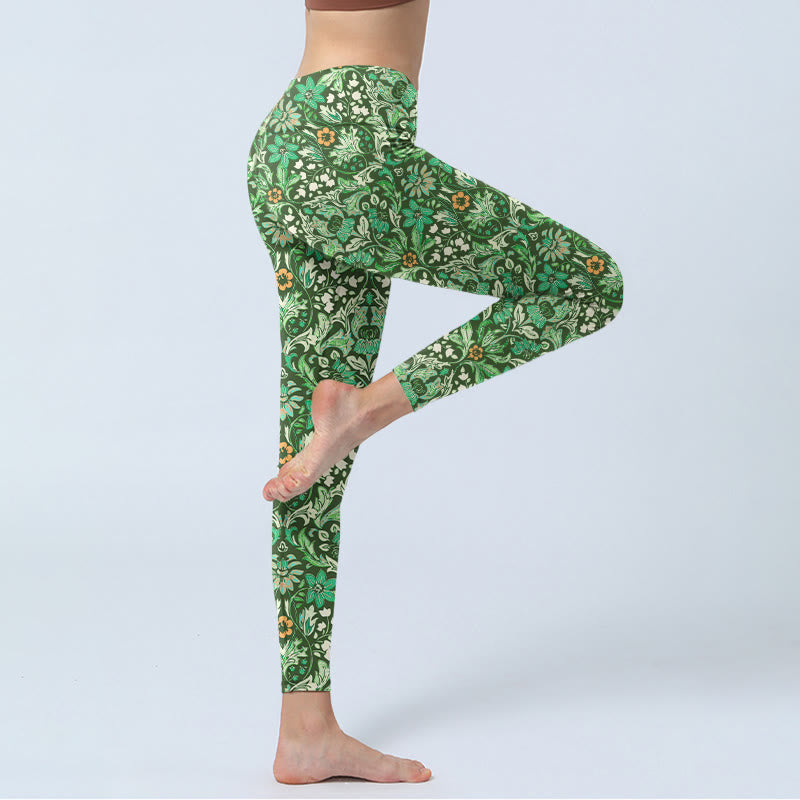 Leggings da palestra con stampa a motivo di foglie e fiori simmetrici , Buddha Stones verdi, pantaloni da yoga da donna