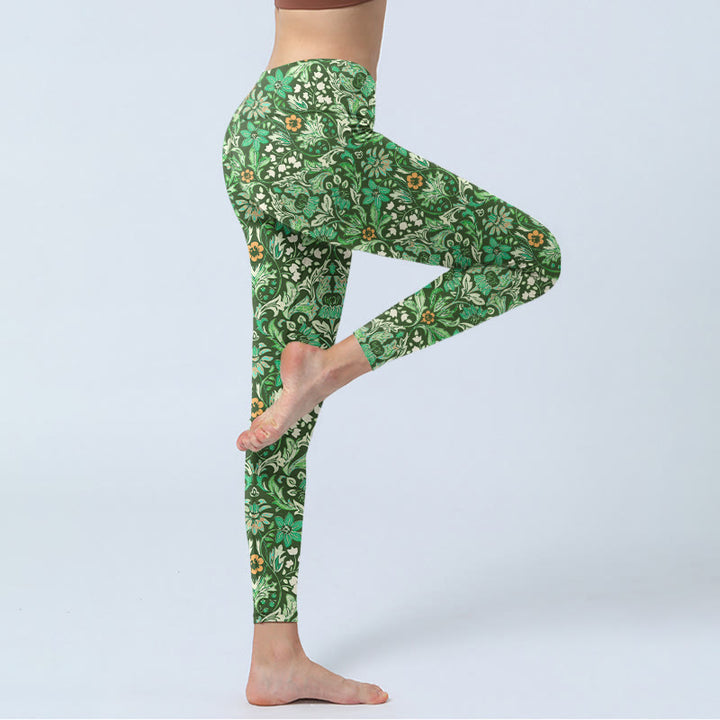 Leggings da palestra con stampa a motivo di foglie e fiori simmetrici , Buddha Stones verdi, pantaloni da yoga da donna