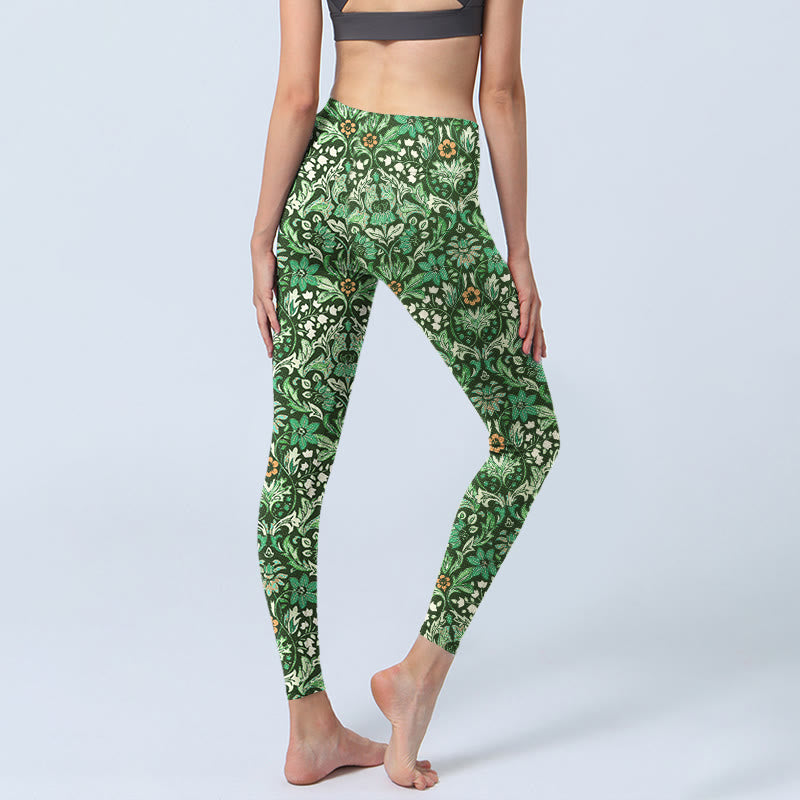 Leggings da palestra con stampa a motivo di foglie e fiori simmetrici , Buddha Stones verdi, pantaloni da yoga da donna