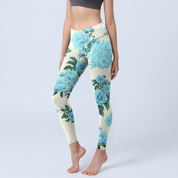 Leggings da palestra con stampa a motivo di Buddha Stones di fiori di peonia con cuciture bianche, pantaloni da yoga da donna