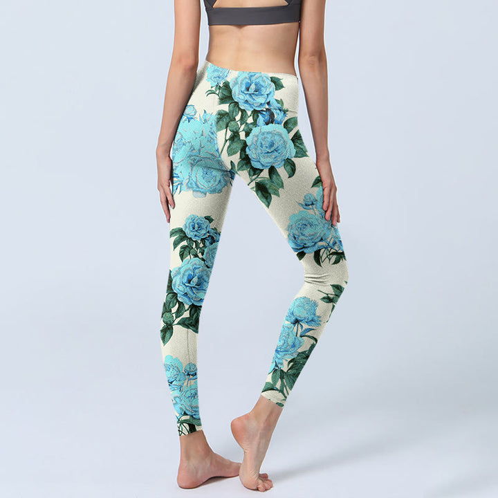 Leggings da palestra con stampa a motivo di Buddha Stones di fiori di peonia con cuciture bianche, pantaloni da yoga da donna