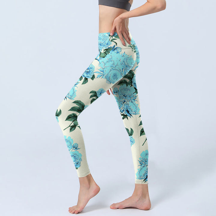Leggings da palestra con stampa a motivo di Buddha Stones di fiori di peonia con cuciture bianche, pantaloni da yoga da donna