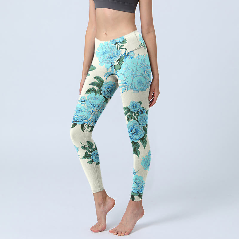 Leggings da palestra con stampa a motivo di Buddha Stones di fiori di peonia con cuciture bianche, pantaloni da yoga da donna - Avorio - US18, UK/AU22, EU50 (4XL) - image 1