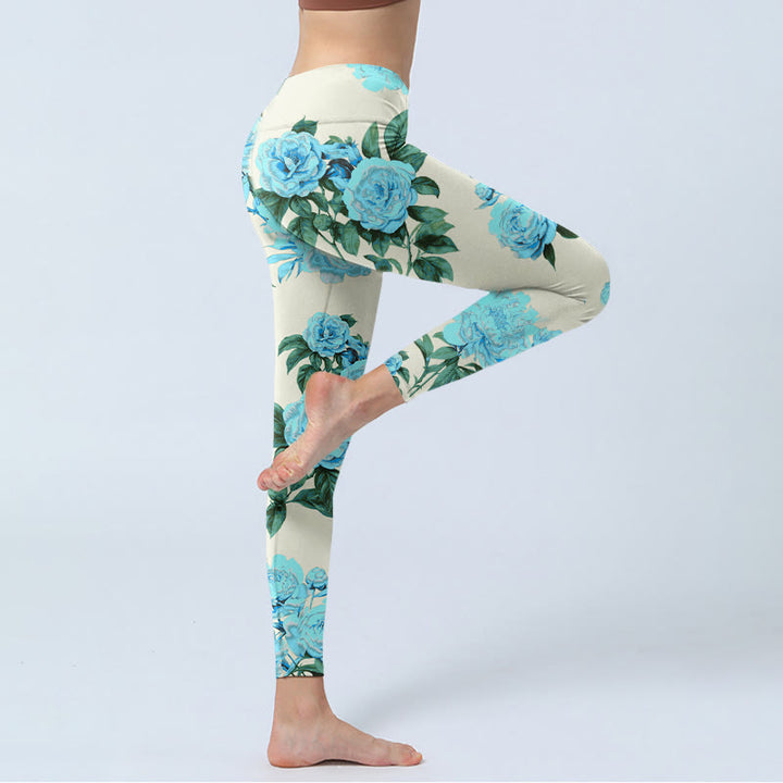 Leggings da palestra con stampa a motivo di Buddha Stones di fiori di peonia con cuciture bianche, pantaloni da yoga da donna