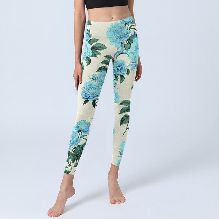 Leggings da palestra con stampa a motivo di Buddha Stones di fiori di peonia con cuciture bianche, pantaloni da yoga da donna