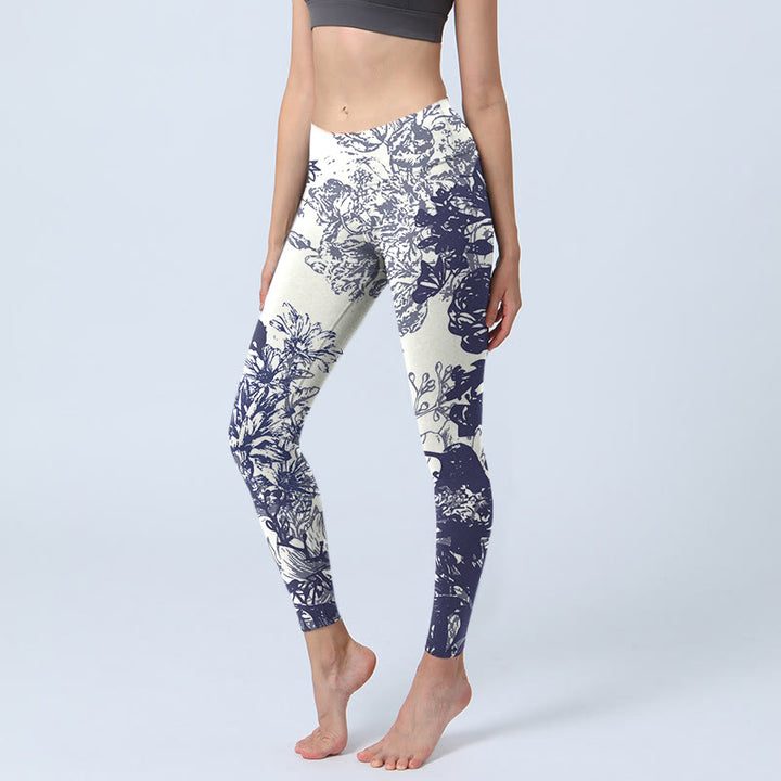 Leggings da palestra con stampa a motivo di Buddha Stones, cuciture bianche, fiori, foglie, uccelli, farfalle, pantaloni da yoga da donna