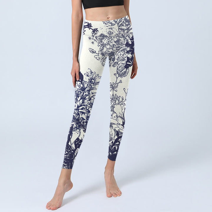 Leggings da palestra con stampa a motivo di Buddha Stones, cuciture bianche, fiori, foglie, uccelli, farfalle, pantaloni da yoga da donna