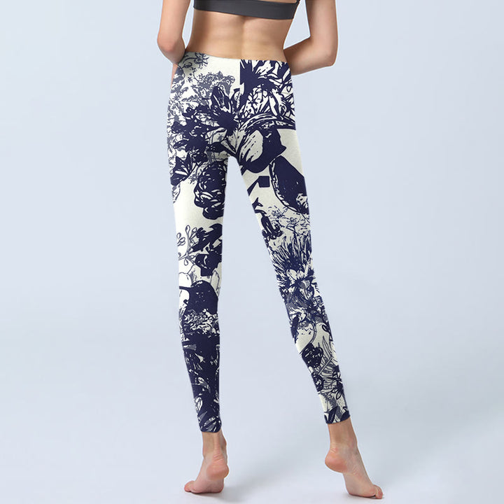 Leggings da palestra con stampa a motivo di Buddha Stones, cuciture bianche, fiori, foglie, uccelli, farfalle, pantaloni da yoga da donna