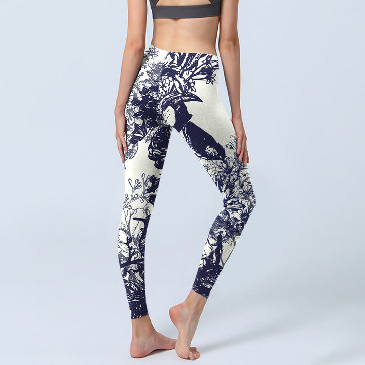 Leggings da palestra con stampa a motivo di Buddha Stones, cuciture bianche, fiori, foglie, uccelli, farfalle, pantaloni da yoga da donna