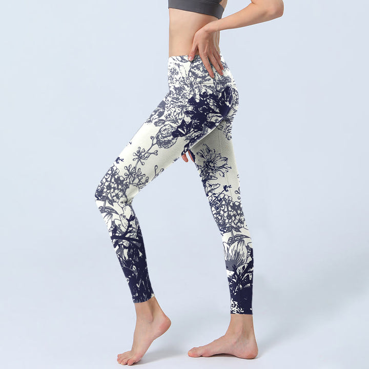 Leggings da palestra con stampa a motivo di Buddha Stones, cuciture bianche, fiori, foglie, uccelli, farfalle, pantaloni da yoga da donna