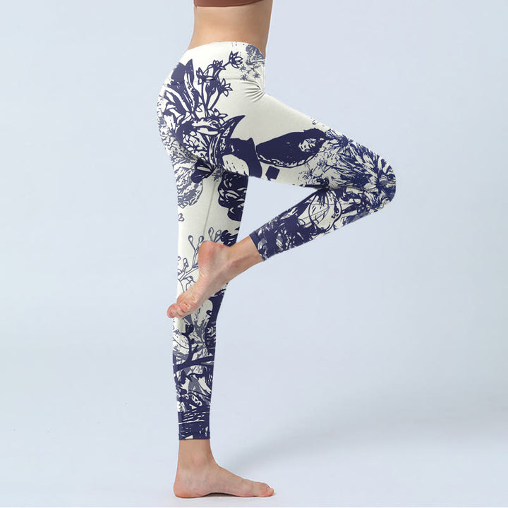 Leggings da palestra con stampa a motivo di Buddha Stones, cuciture bianche, fiori, foglie, uccelli, farfalle, pantaloni da yoga da donna