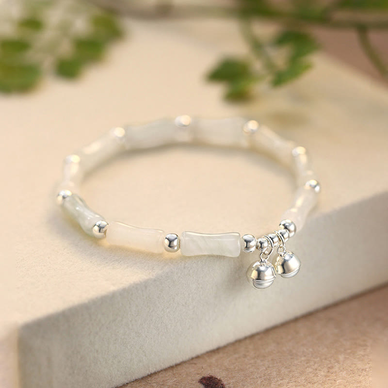 Braccialetto Buddha Stones 925 Sterling Silver Natural White Jade Bamboo Bell Charm Luck Happiness
