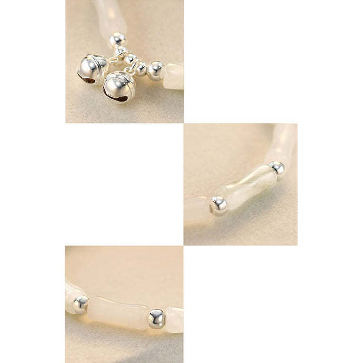 Braccialetto Buddha Stones 925 Sterling Silver Natural White Jade Bamboo Bell Charm Luck Happiness