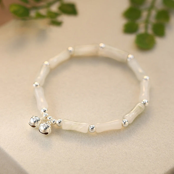 Braccialetto Buddha Stones 925 Sterling Silver Natural White Jade Bamboo Bell Charm Luck Happiness