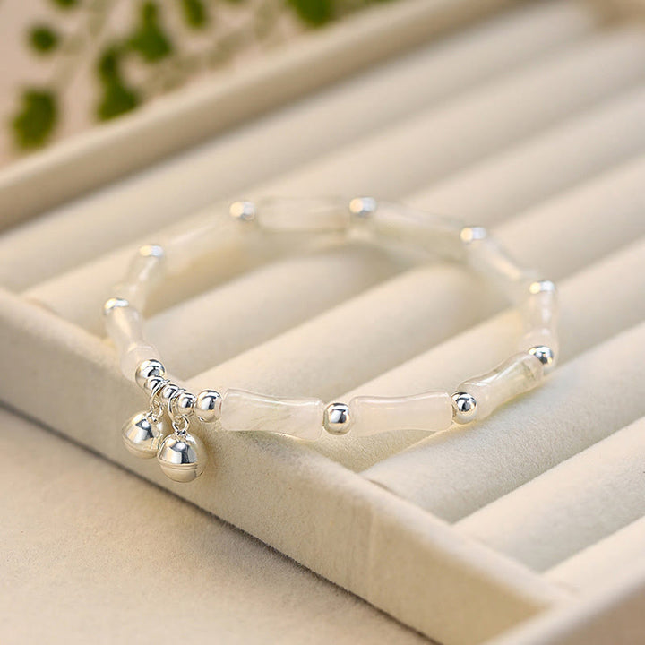 Braccialetto Buddha Stones 925 Sterling Silver Natural White Jade Bamboo Bell Charm Luck Happiness