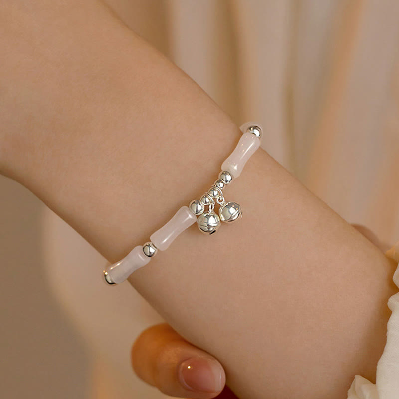 Braccialetto Buddha Stones 925 Sterling Silver Natural White Jade Bamboo Bell Charm Luck Happiness
