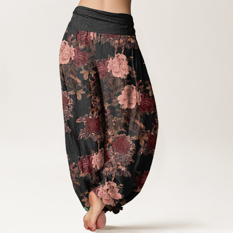 Pantaloni harem da donna con elastico in vita, in cotone, casual, con motivo a foglie e fiori di peonia lussureggianti, motivo Buddha Stones - image 2