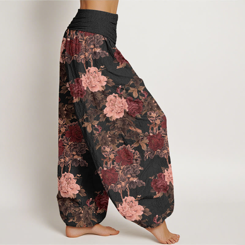Pantaloni harem da donna con elastico in vita, in cotone, casual, con motivo a foglie e fiori di peonia lussureggianti, motivo Buddha Stones - image 1