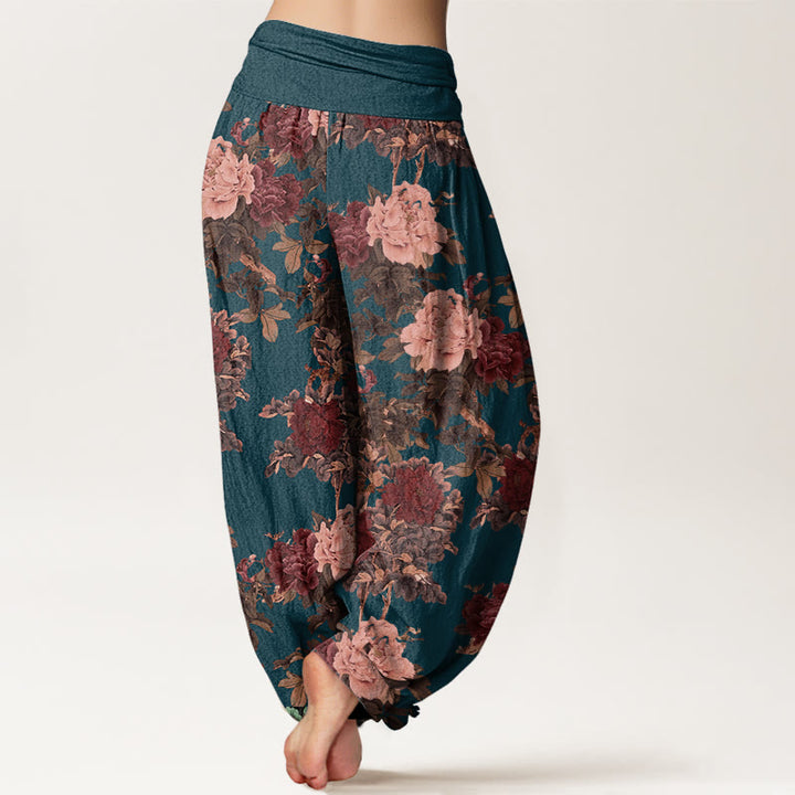 Pantaloni harem da donna con elastico in vita, in cotone, casual, con motivo a foglie e fiori di peonia lussureggianti, motivo Buddha Stones - image 9