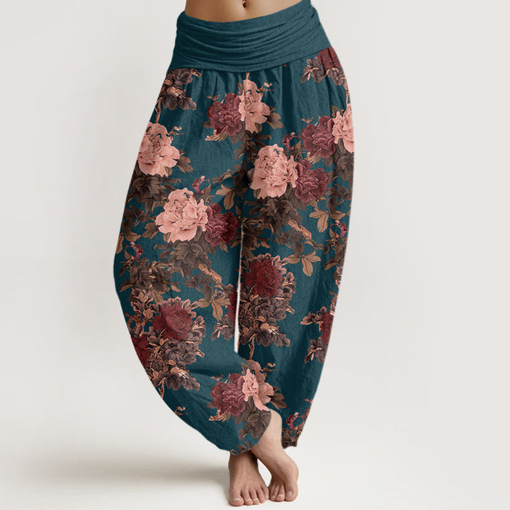 Pantaloni harem con elastico in vita da donna, modello Buddha Stones Casual Lush Peony Flowers Leaf - SteelBlue - US22, UK/AU26, EU54 (6XL) - image 8