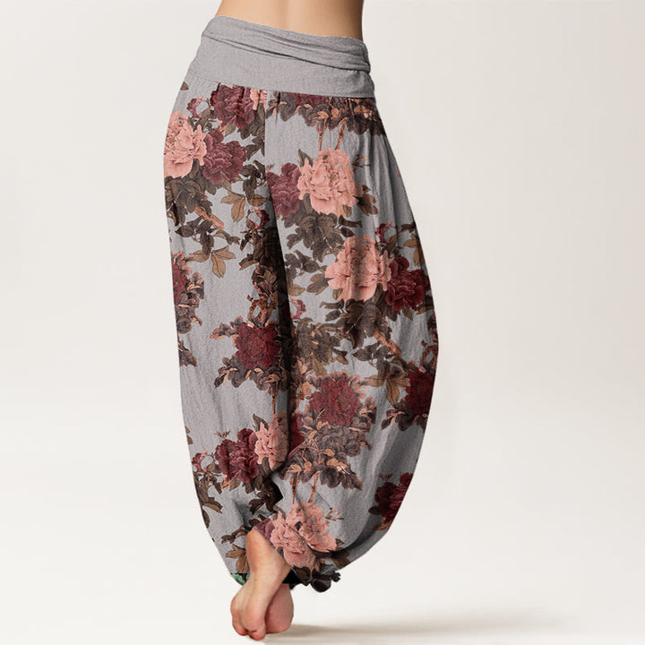 Pantaloni harem da donna con elastico in vita, in cotone, casual, con motivo a foglie e fiori di peonia lussureggianti, motivo Buddha Stones - image 6
