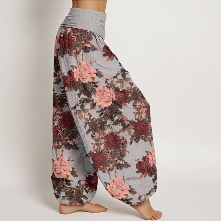 Pantaloni harem da donna con elastico in vita, in cotone, casual, con motivo a foglie e fiori di peonia lussureggianti, motivo Buddha Stones - image 5