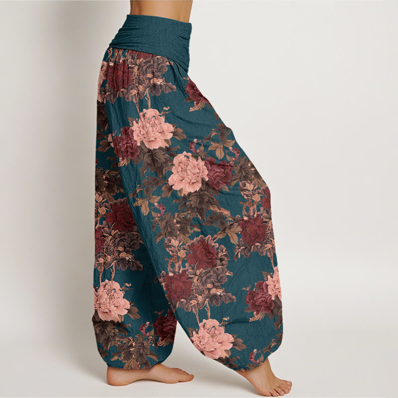 Pantaloni harem da donna con elastico in vita, in cotone, casual, con motivo a foglie e fiori di peonia lussureggianti, motivo Buddha Stones - image 8