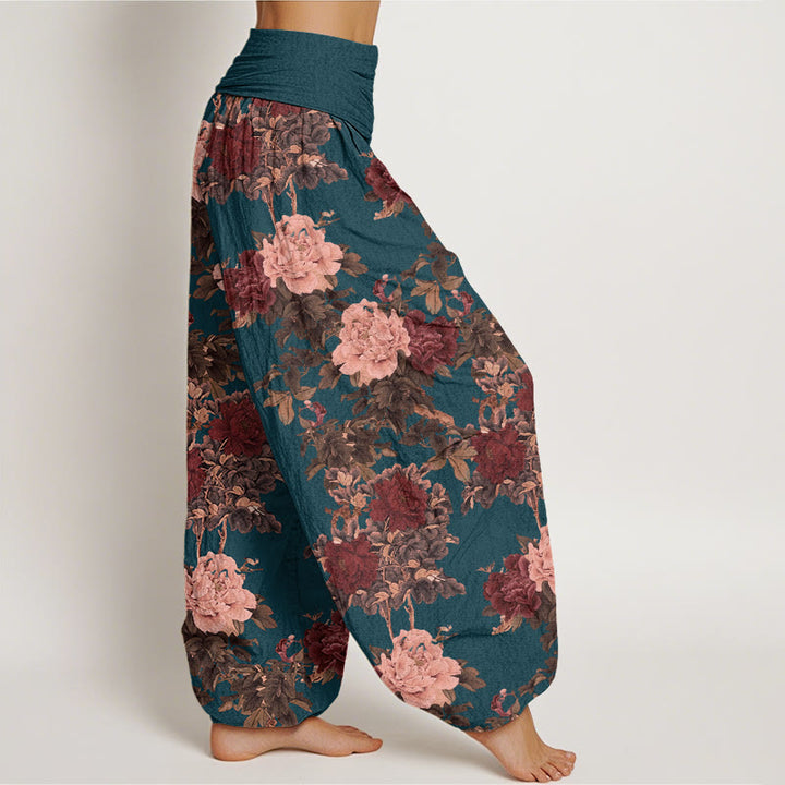 Pantaloni harem da donna con elastico in vita, in cotone, casual, con motivo a foglie e fiori di peonia lussureggianti, motivo Buddha Stones - image 8