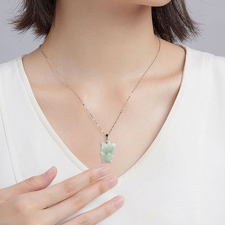 Collana con ciondolo in acciaio al titanio e Buddha Stones, giada, gatto della fortuna e prosperità - image 6