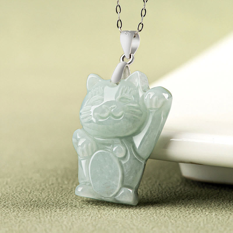 Collana con ciondolo a forma di gatto della fortuna in argento sterling 925 con Buddha Stones e giada - image 2