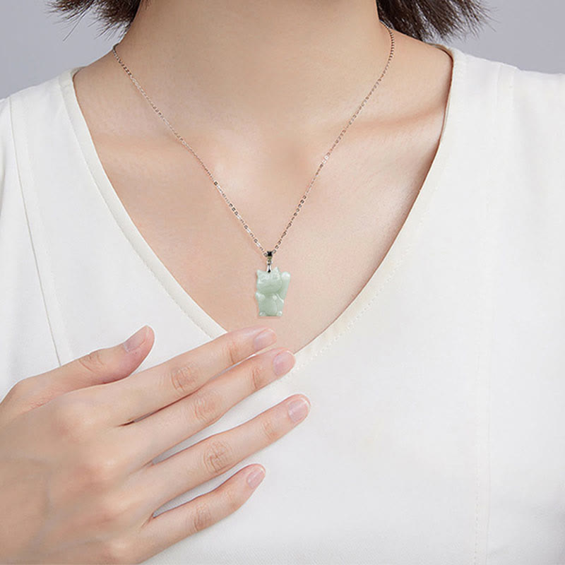 Collana con ciondolo in acciaio al titanio e Buddha Stones, giada, gatto della fortuna e prosperità - image 7