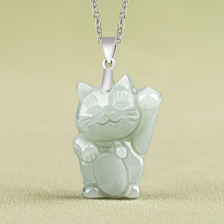 Collana con ciondolo in acciaio al titanio e Buddha Stones, giada, gatto della fortuna e prosperità - Giada - image 0