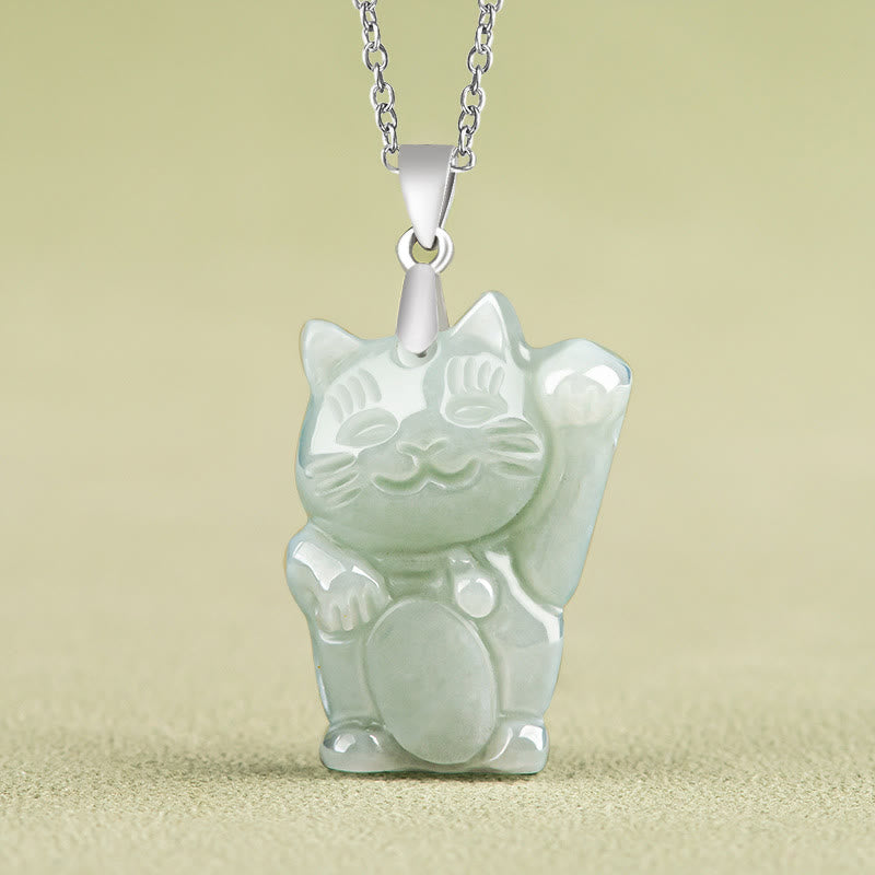 Collana con ciondolo a forma di gatto della fortuna in argento sterling 925 con Buddha Stones e giada - Giada - image 1