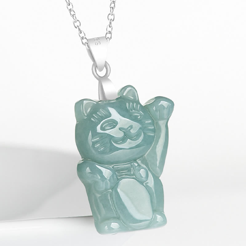 Buddha Stones 925 Sterling Silver Giada Naturale Gatto Fortunato Abbondanza Collana Pendente - image 3