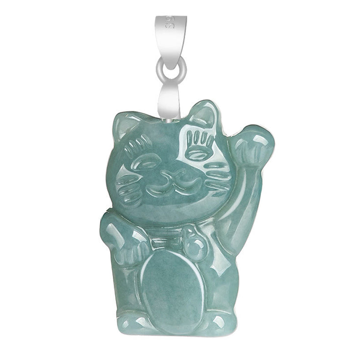 Buddha Stones 925 Sterling Silver Giada Naturale Gatto Fortunato Abbondanza Collana Pendente - image 5