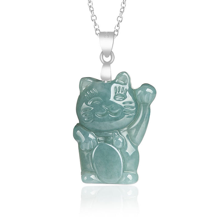 Buddha Stones 925 Sterling Silver Giada Naturale Gatto Fortunato Abbondanza Collana Pendente - Giada - image 1