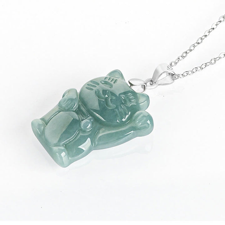 Buddha Stones 925 Sterling Silver Giada Naturale Gatto Fortunato Abbondanza Collana Pendente - image 4
