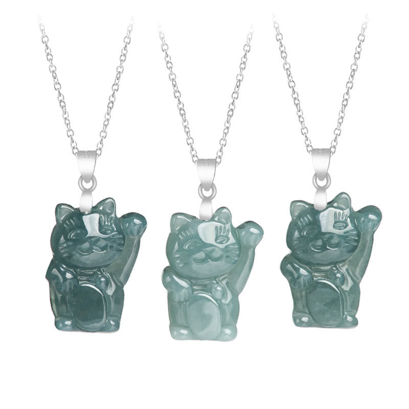 Buddha Stones 925 Sterling Silver Giada Naturale Gatto Fortunato Abbondanza Collana Pendente - image 7