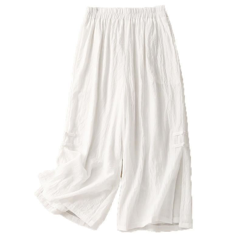 Pantaloni larghi da donna in cotone e lino con bottoni cinesi, tinta unita , Buddha Stones